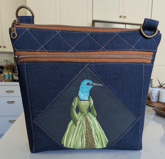 Bird denim crossbody bag handmade by Salty Bee Threads