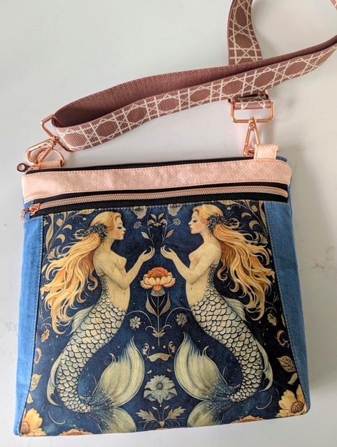 Mermaid denim crossbody bag handmade by Salty Bee Threads
