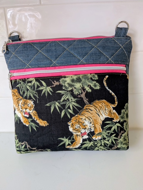 Tiger pink crossbody bag handmade by Salty Bee Threads