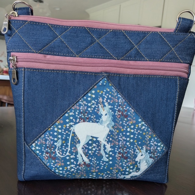 Unicorn denim crossbody bag handmade by Salty Bee Threads